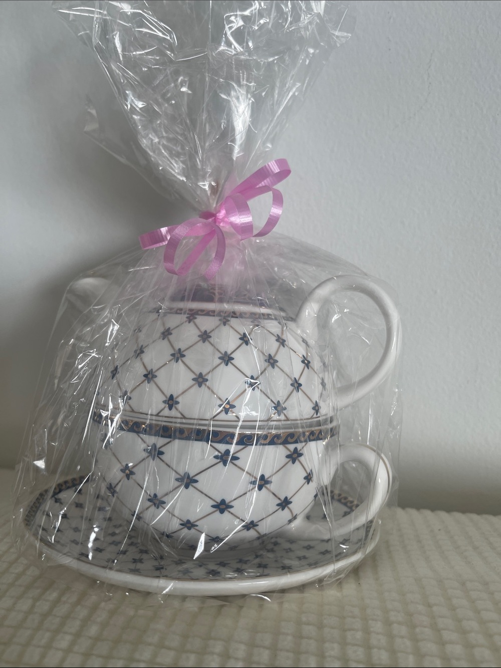 White and Blue Floral Pattern Teacup and Saucer Set